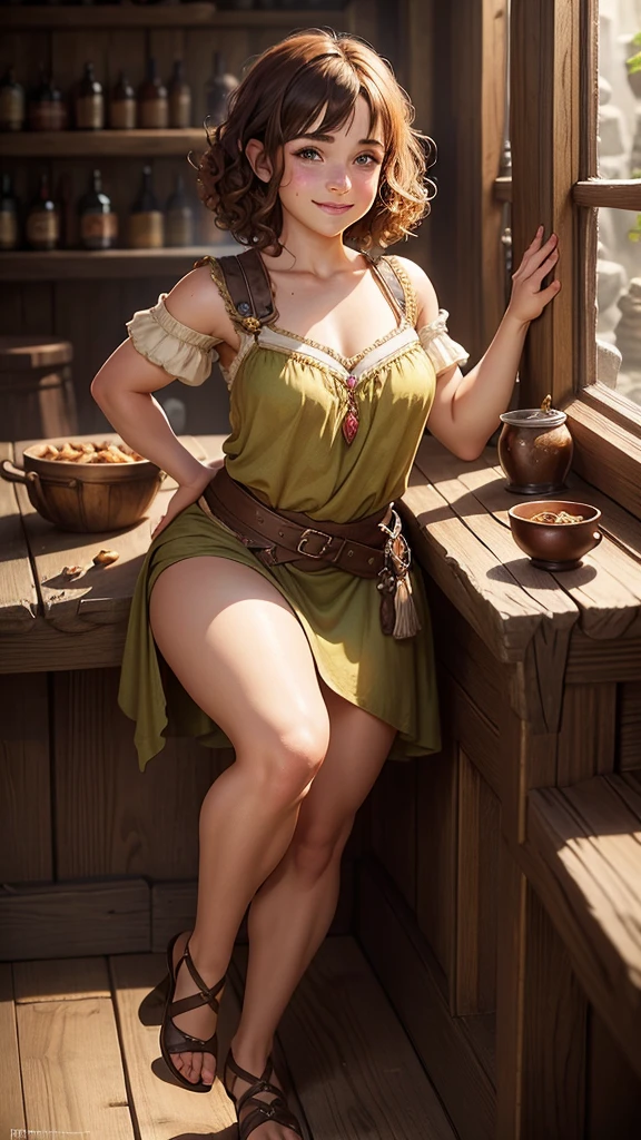 Stunningly beautiful, adult halfling girl, halfling, handsome, halfling female, brunette short curly hair, many freckles, in a fantasy tavern, high cheekbone, smiling, full body portrait, detail love, good quality, colourful, highly detailed, soft light