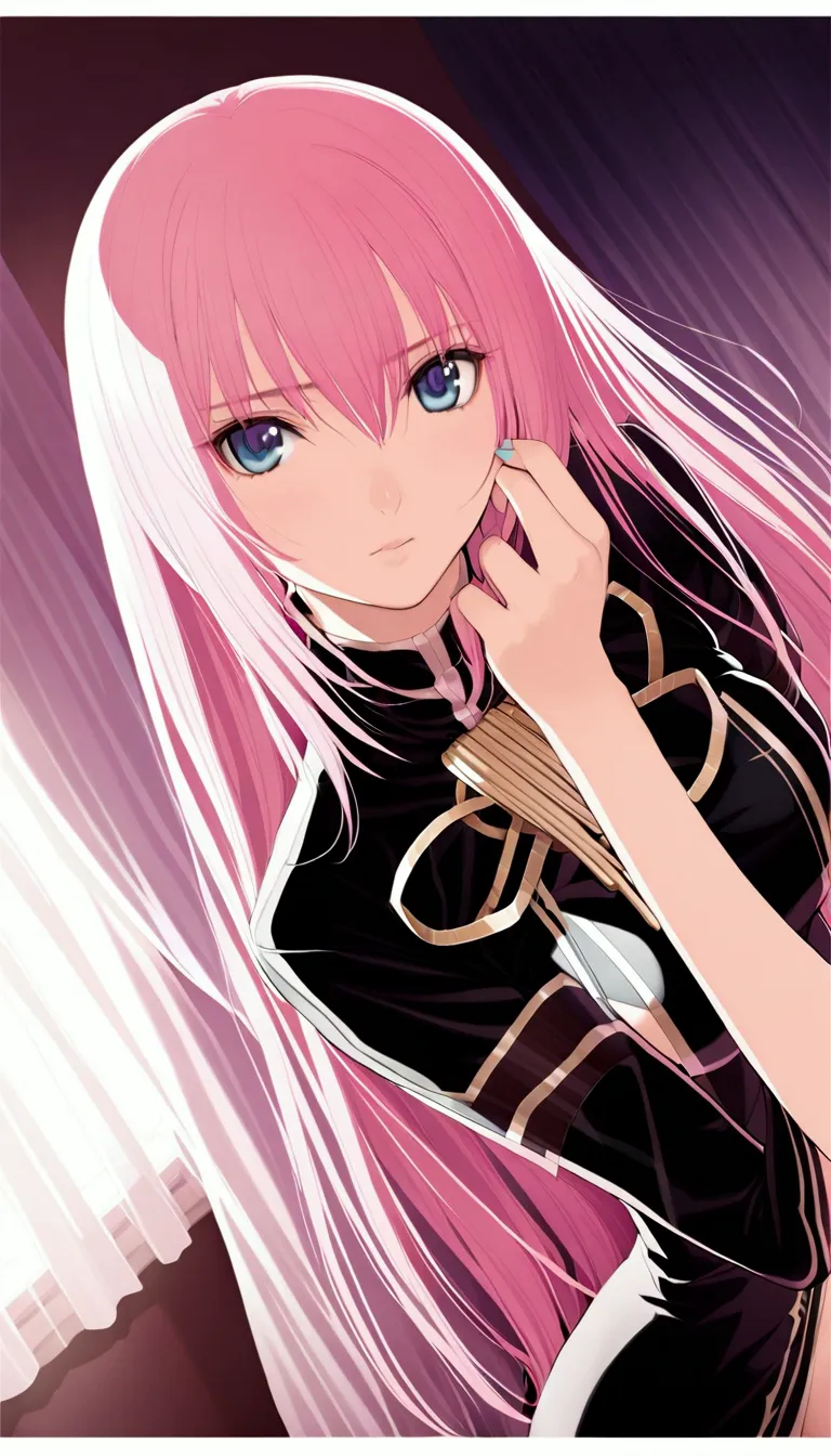 erotic:1.1,detailed and beautiful depiction 1.3,official art,beautiful adult woman ,official megurine luka,pink long hair,blue e...