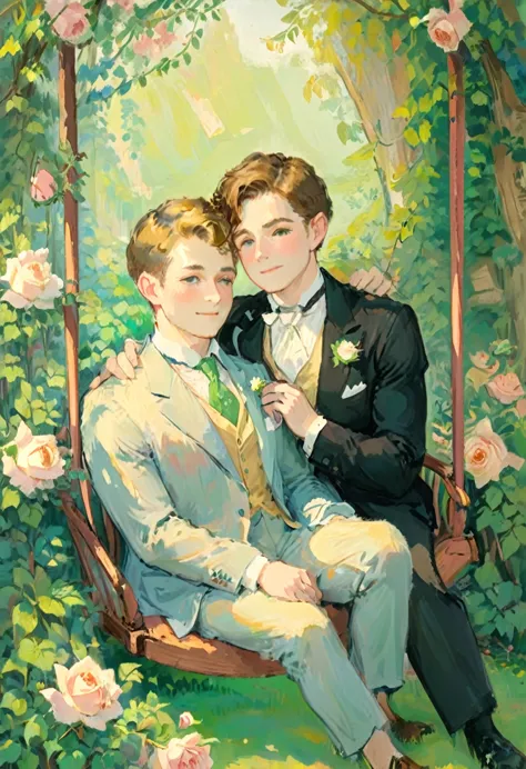 oil painting of handsome  gay couple of hunk irish mens with a wedding suits,cuddling,in a beautiful rose swing,morning bright, ...
