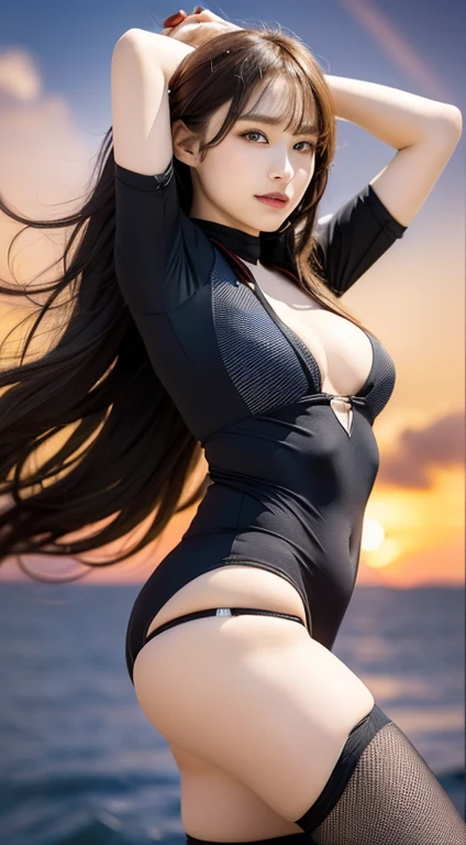 、(Highest quality, 8k, 32k, masterpiece, 超High resolution:1.2), (Realistic:1.5), .Browsing Caution.Cleavage、Cleavage、belly button、belly button、Emotionally erotic、impressive 、 Expose、Wearing a football uniform,Nipples are visible through the、Swollen nipples、nude、masterpiece, Highly detailed CG Unity 8k wallpaper, Highest quality, High resolution:1.2), (Very detailed, 超High resolution:1.2), Photo of extremely cute and beautiful Japanese woman, (Long wavy chestnut hair:1.2), Adult, Soccer Girl.(Detailed beautiful girl:1.4), Highest quality, woman, Adult,  Clothing with ultra-sheer details, (Beautiful sunset、米空軍基地の滑走路のWind景の背景:1.3), Laugh shyly:1, A light smile, View your audience, To the audience, ((perfect woman body)), (Tight waist:1.2), (Full body image:1.3), thin, Abdominal muscles, (Large Breasts:1.25), ((Encircling the head)), Wind, Dynamic pose, Cinematic Light, Backlight, Perfect Anatomy, Perfect Proportions, Detailed human body, Stylish model posing,