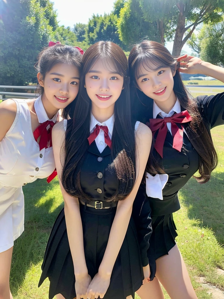 (A super cute Korean high school girl takes a photo with two close friends from her class..2)(grin,Smile)(Beautiful Sweat:1.1)(16K, RAW Photos, Highest quality, masterpiece: 1.2),(Shiny black hair) Super detailed, Super Resolution, (Genuine, Genuine photos: 1.37), Portraiture, High-resolution RAW color photos, Professional photos, Very detailed, 8k wallpaper, Very detailed CG Unity 8k wallpaper, Very detailed beautiful girls, Very detailed faces, ((whole body)), beautiful woman, Huge breasts,(huge boobs:1.1) (Big Boobs:1.1), Beauty college student (A tight, girly, navy sleeveless  with ribbon),high school girl, Korean Girls,(K-POP Female Idols), (Idol-class beauty)(Beautiful high school girl:1.1)(Bus stop on a country road)(18-year-old)(Stylish school uniform-style outfit:1.1)(Group photo:1.3)