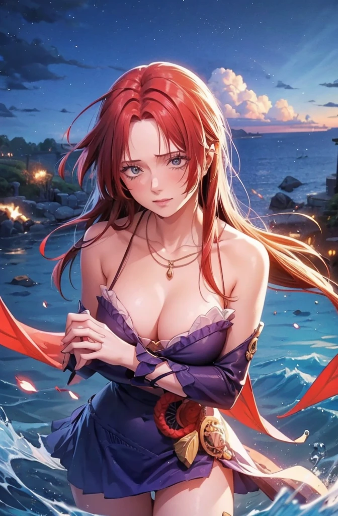 nilou (genshin impact), behind the sea, 1girl, background blur, closed mouth, bare arms, accessory, bare sleeves, bare shoulders, red hair, bracelets, necklace, cowboy shot, sideways