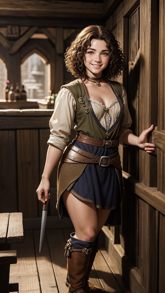 Stunningly beautiful, adult halfling girl, halfling, handsome, halfling female, brunette short curly hair, many freckles, in a fantasy tavern, high cheekbone, smiling, full body portrait, detail love, good quality, colourful, highly detailed, soft light