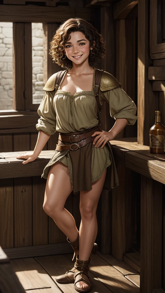 Stunningly beautiful, adult halfling girl, halfling, handsome, halfling female, brunette short curly hair, many freckles, in a fantasy tavern, high cheekbone, smiling, full body portrait, detail love, good quality, colourful, highly detailed, soft light