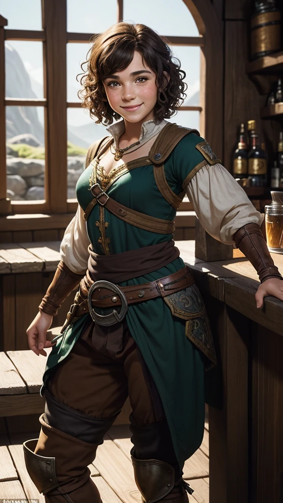 Stunningly beautiful, adult halfling girl, halfling, handsome, halfling female, brunette short curly hair, many freckles, in a fantasy tavern, high cheekbone, smiling, full body portrait, detail love, good quality, colourful, highly detailed, soft light