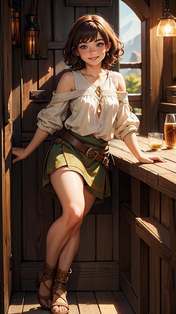 Stunningly beautiful, adult halfling girl, halfling, handsome, halfling female, brunette short curly hair, many freckles, in a fantasy tavern, high cheekbone, smiling, full body portrait, detail love, good quality, colourful, highly detailed, soft light