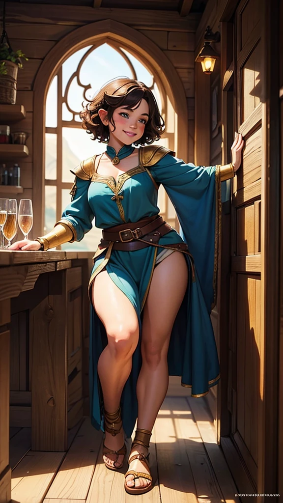 Stunningly beautiful, adult halfling girl, halfling, handsome, halfling female, brunette short curly hair, many freckles, in a fantasy tavern, high cheekbone, smiling, full body portrait, detail love, good quality, colourful, highly detailed, soft light