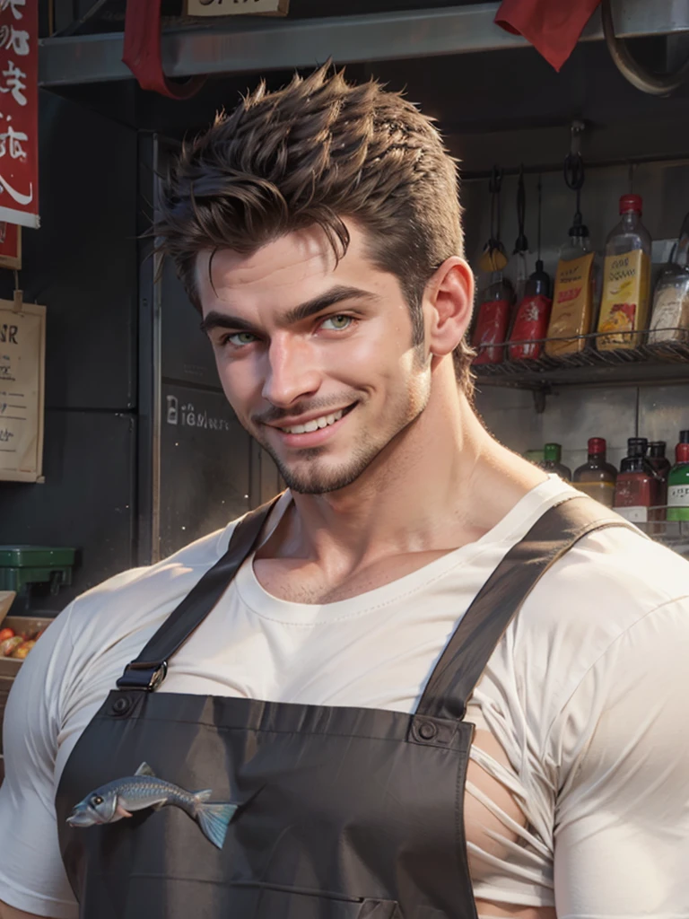 les hommes portent un tablier gris foncé brillant sur un T-shirt blanc, musclé et beau,vilain,croc,yeux verts,Poils,Marché aux poissons,sourire