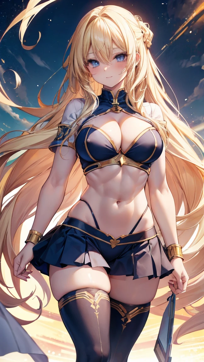 Sensual, Long blonde hair, Thick thighs, 8k, 4K, Highest quality, High resolution:1.2), Cute anime face, Noise Reduction, Sparkling blue eyes, A kind smile, Sharp Eye、Toned Abs, Muscular arms, Muscular legs,  Young Face, Anime Eyes, (((Big Breasts、A chest that&#39;s about to burst)))、High Leg、(((Spread your legs wide、Spread your legs wide、Squat)))、