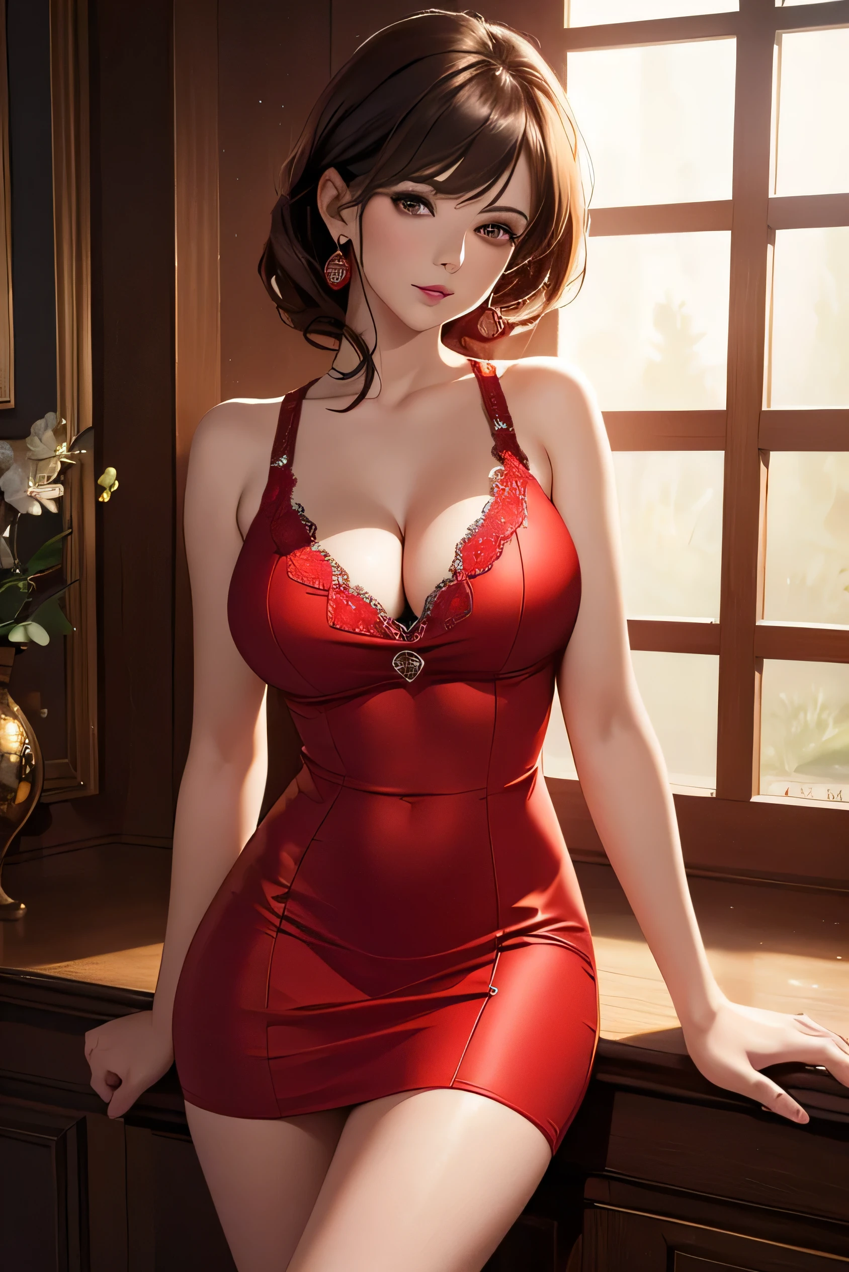 Highest quality, masterpiece, High resolution, Realistic, RAW Photos, 8k wallpaper, perfection, Professional Lighting, Very detailed, ((One beautiful woman)), 80 years old, Sexy Woman, ((Red Mini Dress)), Cleavage, Full body image, ((look into the viewer&#39;eye)), Detailed face, Beautiful eye, ((I&#39;looking forward to it)), In the stylish dining room, sunny, bangs, Shapely breasts, Short Bob Hair, Plump and glossy lips, Cowboy Shot, ((Arms and Legs