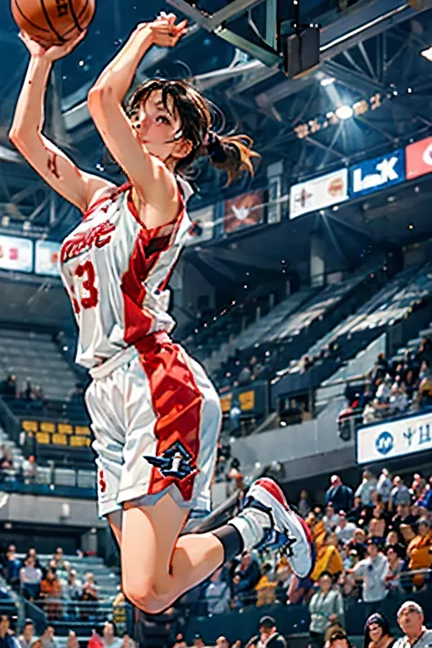 ((female basketball player))、young and beautiful girl、美しい顔のdetailedな描写、alone、(the moment the slam dunk is decided:1.4)、(dunk sho...