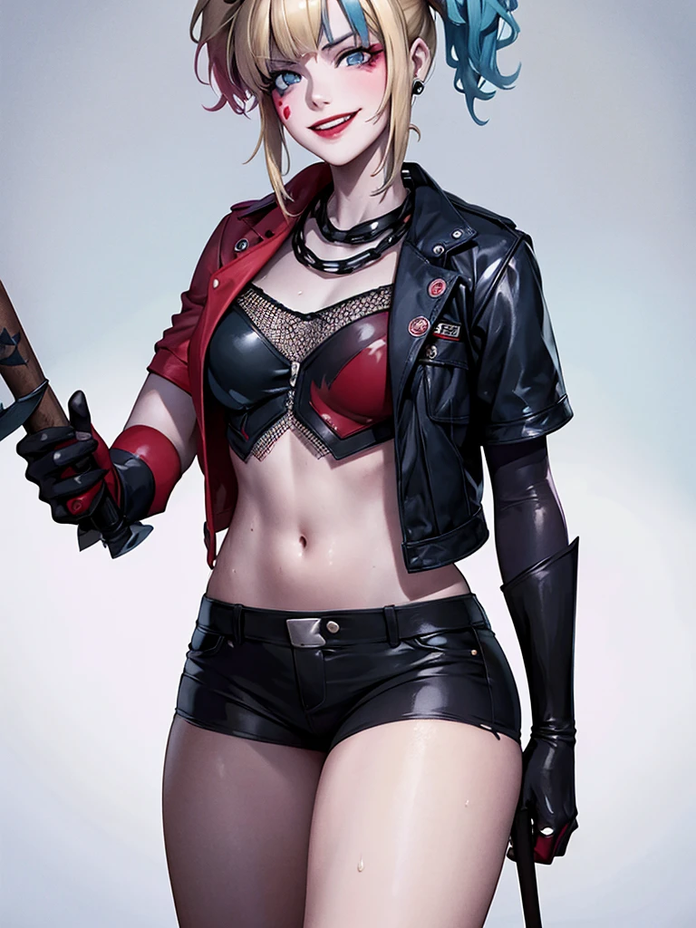 Harley queen madure. You stand in the middle of the street, under heavy rain. clothes stuck to his body and soaked. without underwear. smiling. with a darkss outfit, holding his metal baseball bat the batman in his hands. 