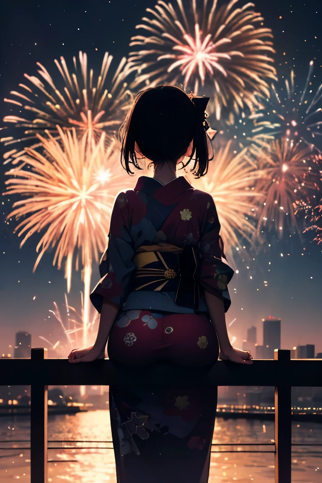 from behind, (silhouette:1.5), ass focus, firework focus, far, long range, 1girl, sitting, ass support, (looking ahead, looking afar,looking away), Night Sky, (firework:1.5), yukata, on bridge, fence, masterpiece, high quality, best quality, beautiful, HD, perfect lighting, detailed body, masterpiece, best quality, intricate details, 8k uHD