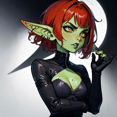 1 girl, portrait, goblin girl, green skin, red hair, short hair, bobcut, lip piercing, yellow eyes, black, black lipstick, black...