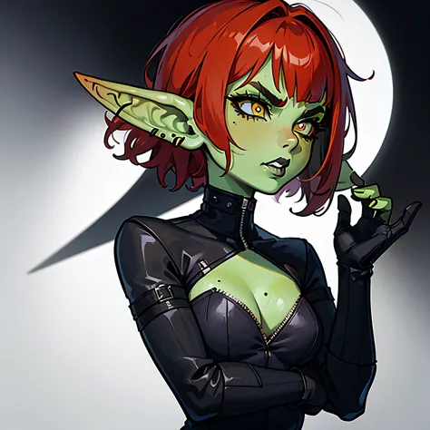 1 girl, portrait, goblin girl, green skin, red hair, short hair, bobcut, lip piercing, yellow eyes, black, black lipstick, black...