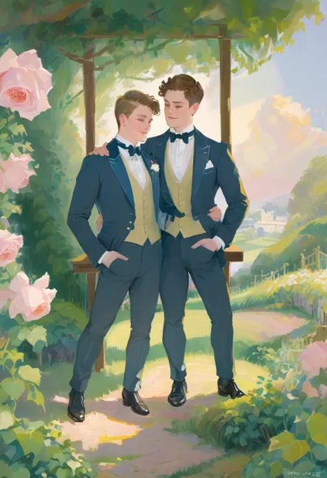 oil painting of handsome  gay couple of hunk irish mens with a wedding suits,cuddling,in a beautiful rose swing,morning bright, ...