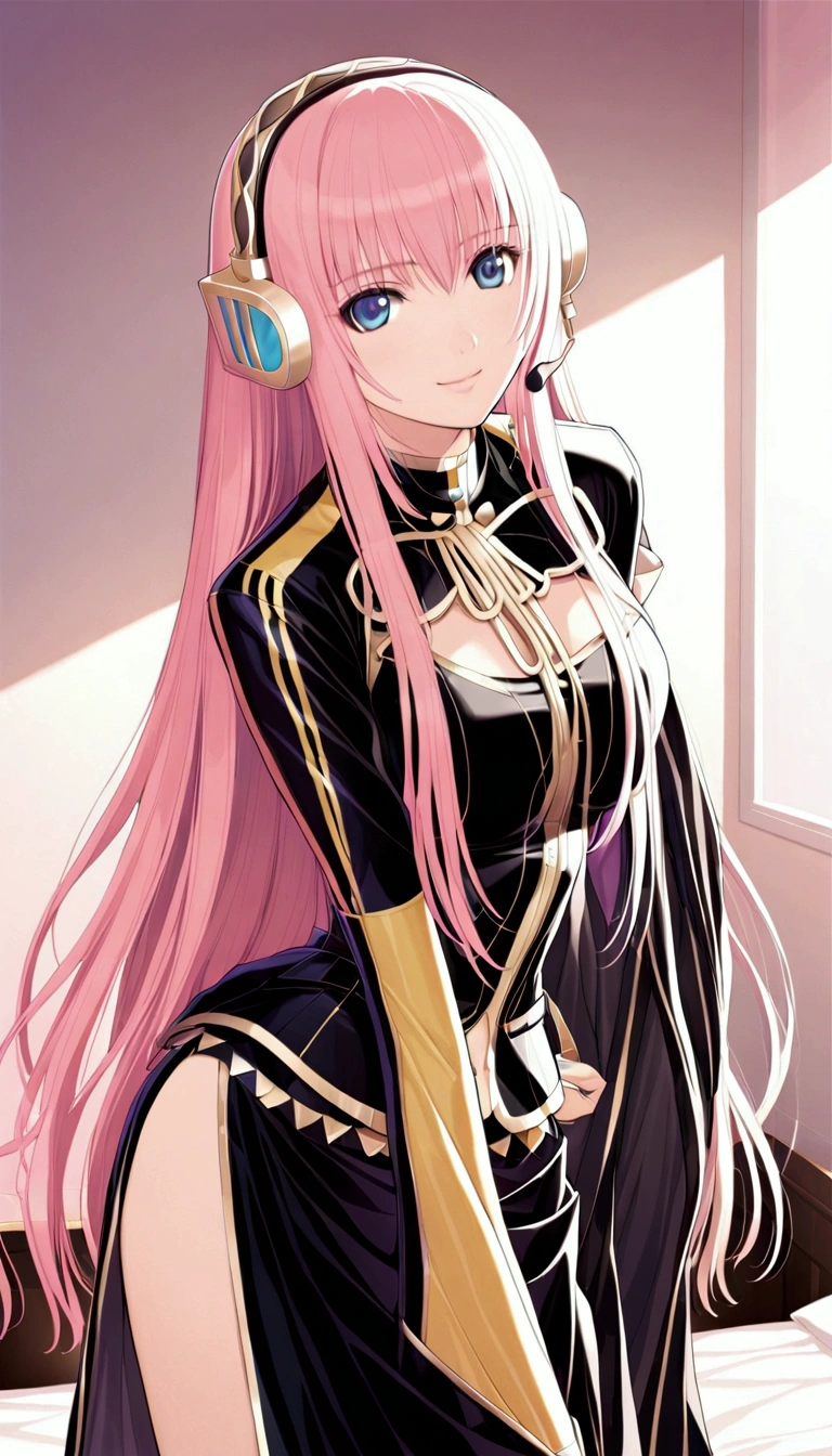 Detailed and beautiful depiction 1.3,Official Art:1.2,Beautiful adult woman ,Megurine Luka in official costume:1.2,Pink long hair,blue eyes,Black and gold costume,headphone,smile,Bedroom