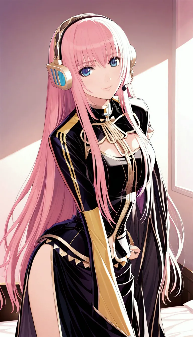 detailed and beautiful depiction 1.3,official art:1.2,beautiful adult woman ,megurine luka in official costume:1.2,pink long hai...