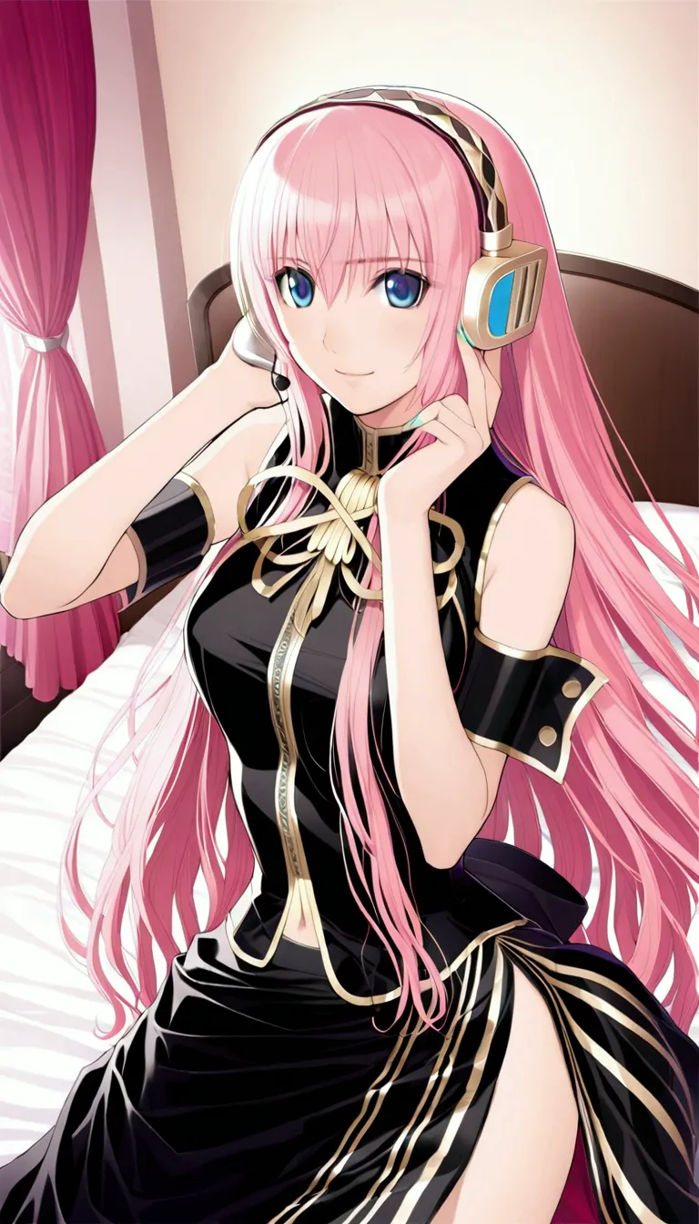 detailed and beautiful depiction 1.3,official art:1.2,beautiful adult woman ,megurine luka in official costume:1.2,pink long hai...