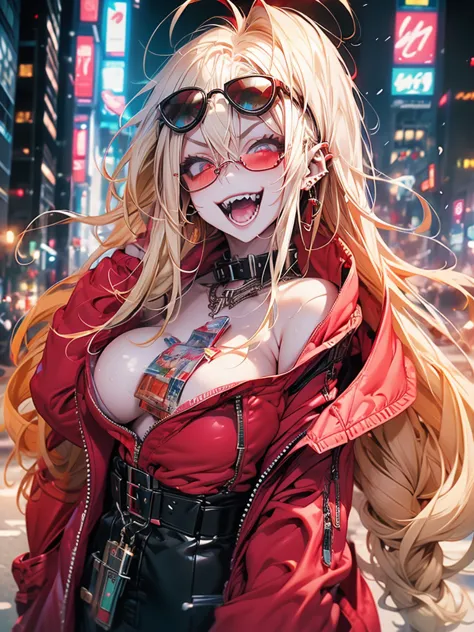 woman、early 20s、wicked smile、blonde、long hair、green eyes、frameless sunglasses with red lenses、breast enhancement、sexy、sexyなポーズ、b...