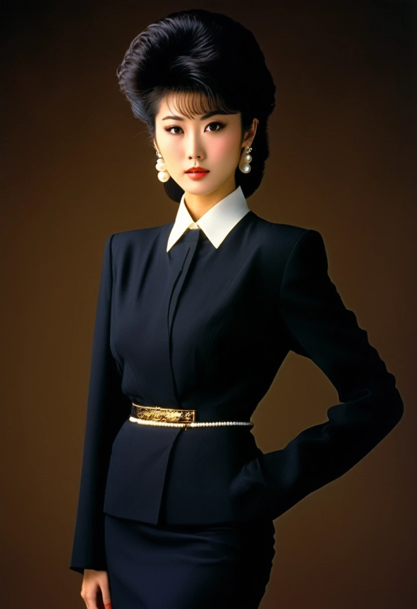 Hermosa mujer japonesa con traje de negocios de los años 80 con perlas y cabello bien peinado, real person, cuerpo detallado,  Falda volteada, Señora de oficina como una modelo japonesa