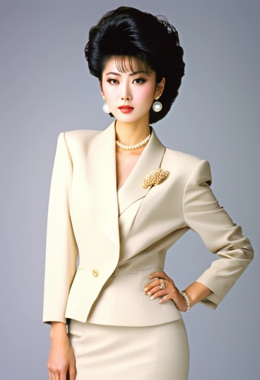 Une belle femme japonaise dans les années 80 portant des costumes de femme d'affaires puissants avec des perles, les cheveux bien coiffés, personne réelle, corps détaillé,  Retournement de la jupe, Une femme de bureau ressemblant à un mannequin de mode japonais