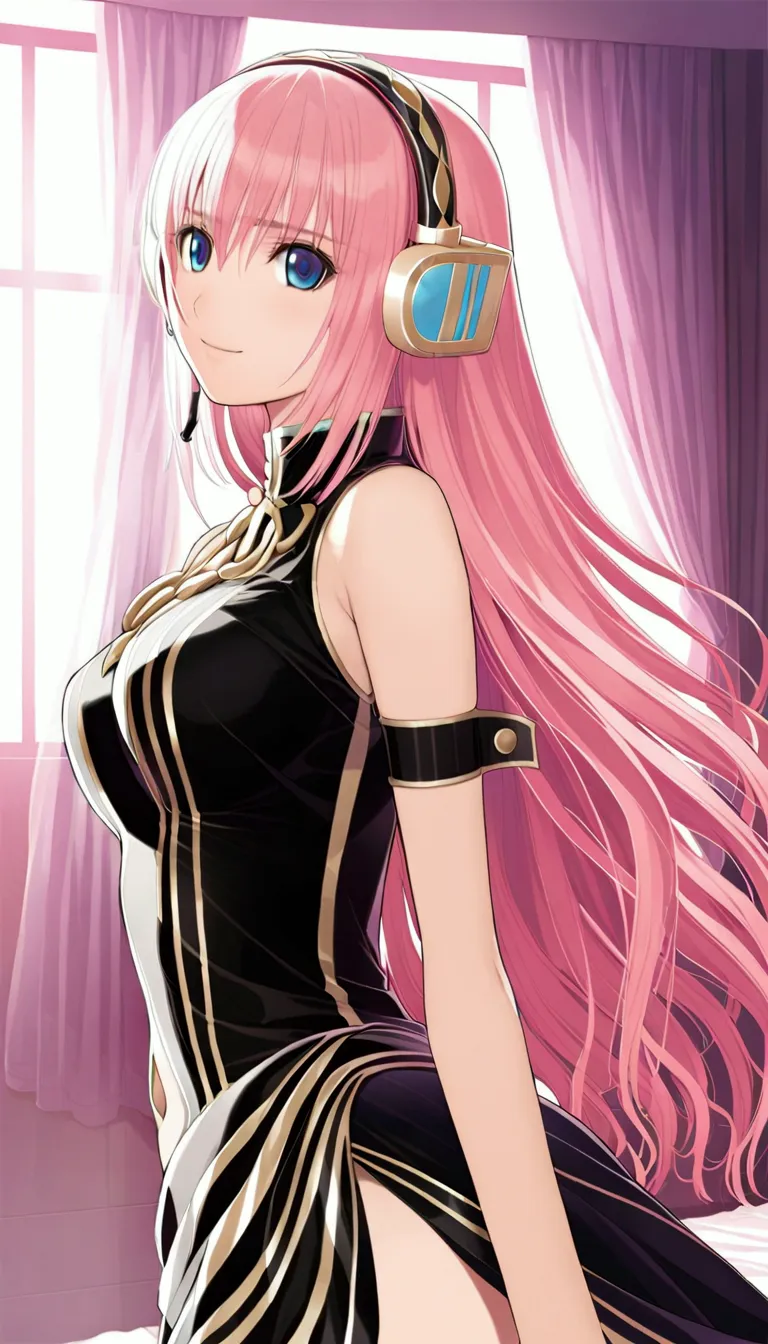 detailed and beautiful depiction 1.3,official art:1.2,beautiful adult woman ,megurine luka in official costume:1.2,pink long hai...