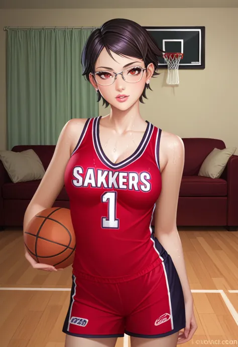 score_9_up, score_8_up, score_7_up, 1girl, solo, mature female, Sarada, looking at viewer, (((black short hair))), red eyes, pin...