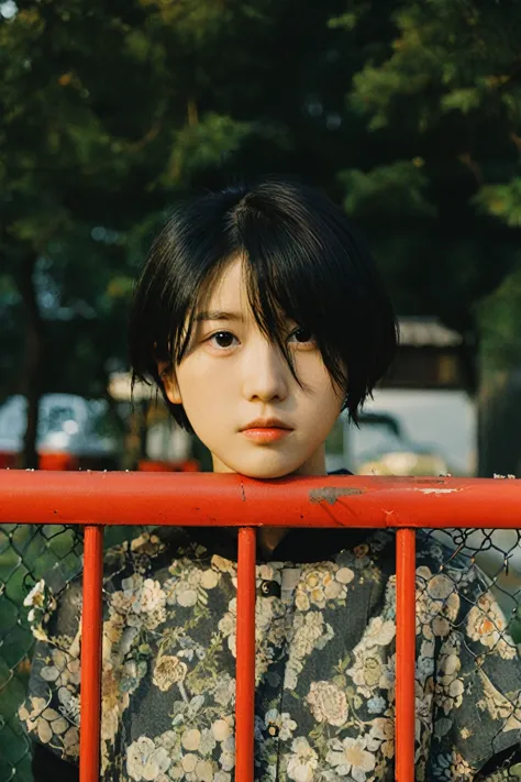 there is a young woman standing behind a red fence, portrait of a japanese teen, portrait of a japanese girl, shot on leica sl2,...