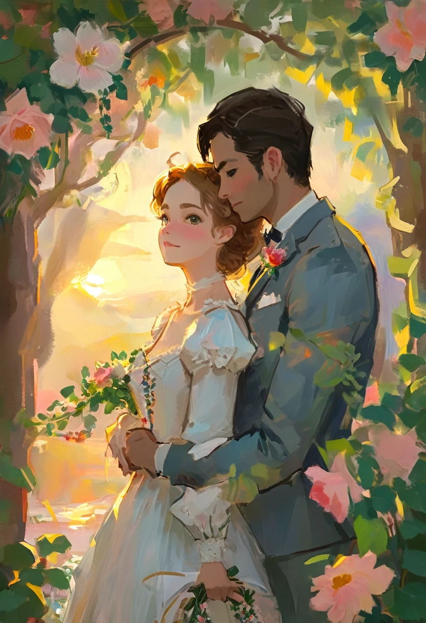 oil painting of handsome gay couple of hunk irish mens with a wedding suits,cuddling,in a beautiful rose swing,morning bright, warm vibrant,by beatrix potter,soft shadows,dreamy,etheral atmosphere,masterpiece,baroque,masterpiece,sharp details,massive level of details,trending on pinterest,
