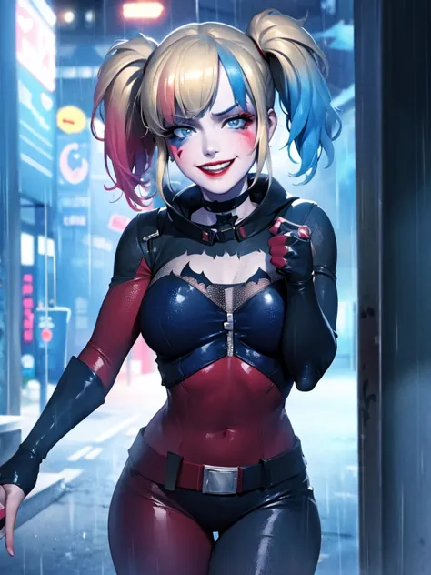 harley quinn standing in the middle of a rain-drenched street, her soaked clothes clinging to her body, no underwear, a wicked s...