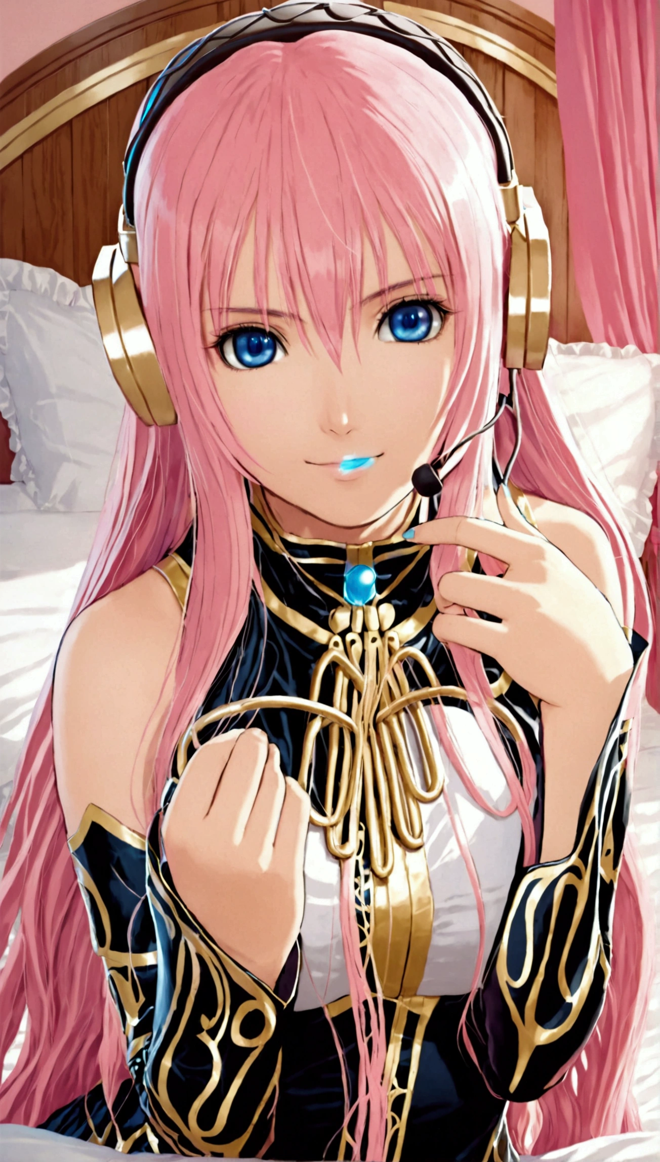 Detailed and beautiful depiction 1.3,Official Art:1.2,Beautiful adult woman ,Megurine Luka in official costume:1.2,Pink long hair,blue eyes,Black and gold costume,headphone,smile,Bedroom