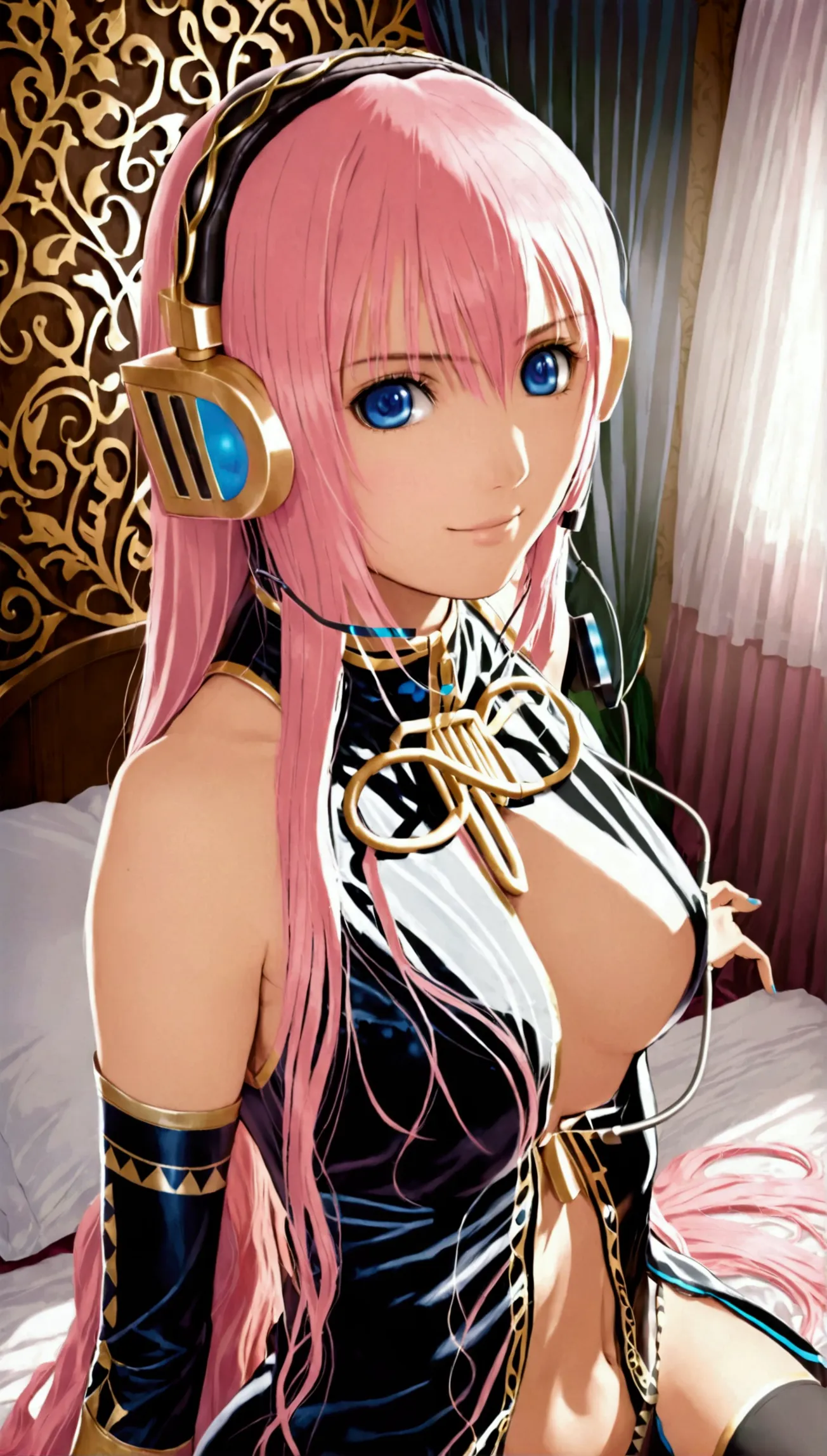 detailed and beautiful depiction 1.3,official art:1.2,beautiful adult woman ,megurine luka in official costume:1.2,pink long hai...