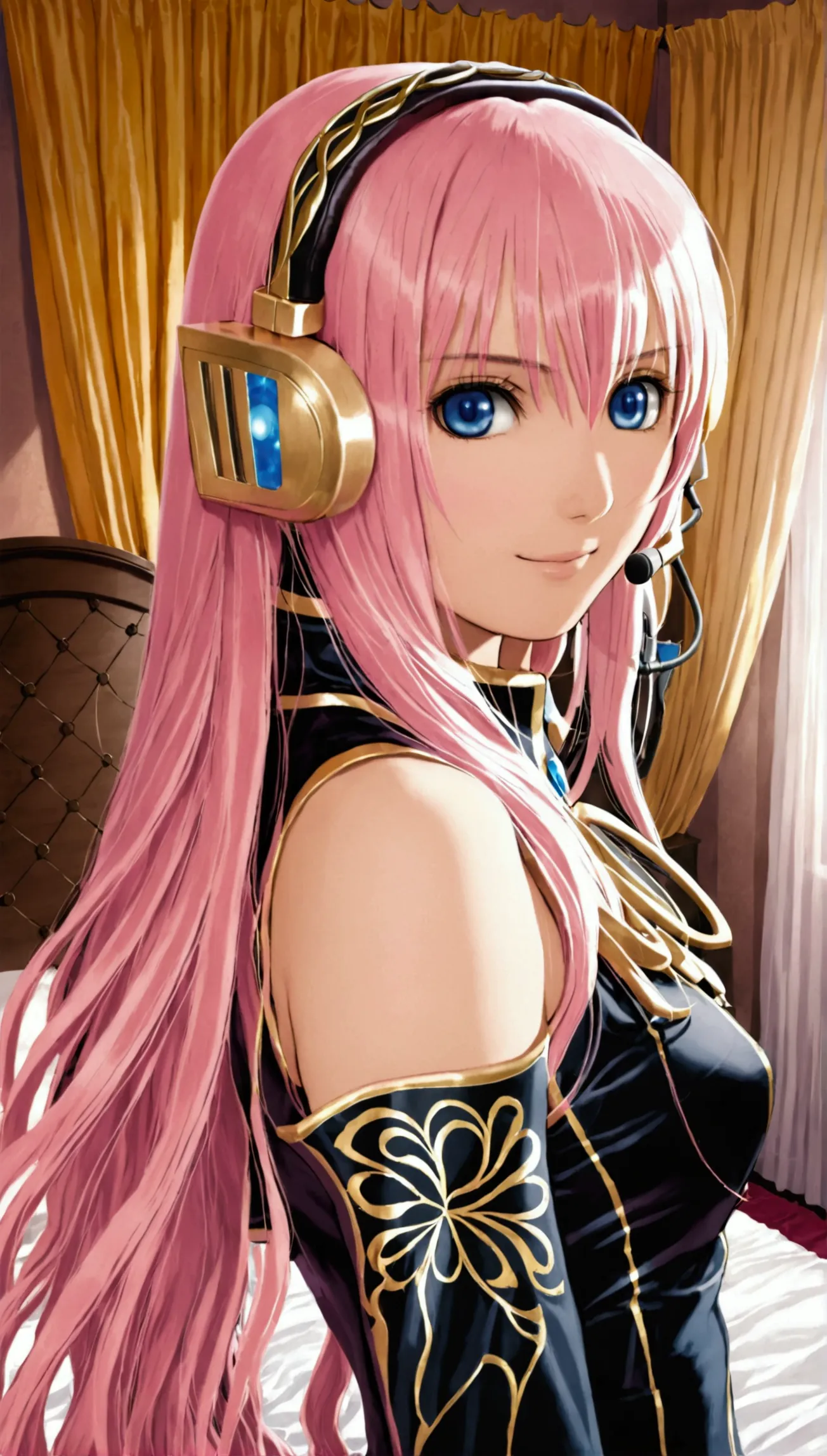 detailed and beautiful depiction 1.3,official art:1.2,beautiful adult woman ,megurine luka in official costume:1.2,pink long hai...