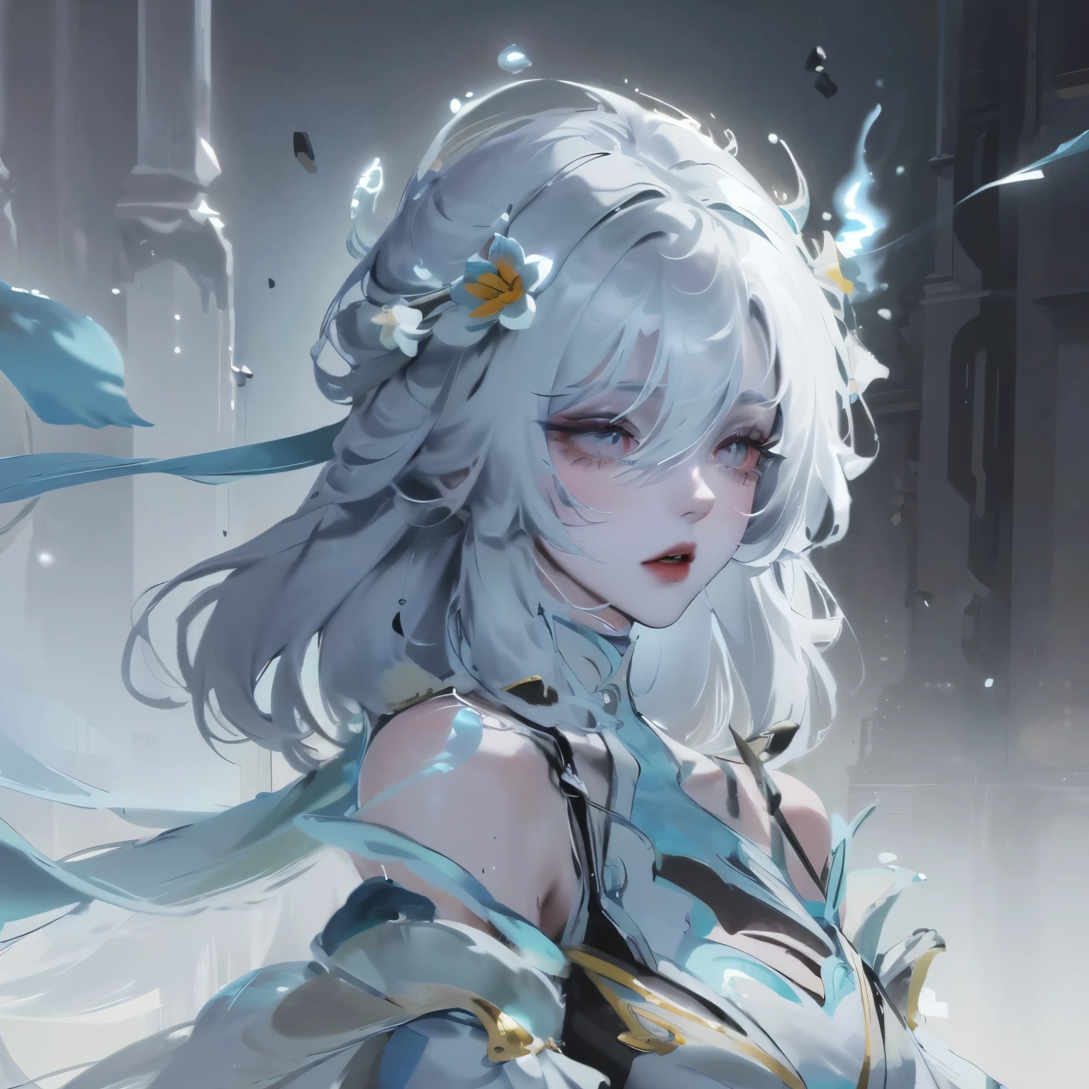 1 Girl,Solitary,1 Girl,Solitary,((Beautiful and delicate eyes)), (Detailed lighting),Depth of Field,(White hair),Silver Eyes,Hair covering one eye,(safflower ), Flowering,Long hair,Black cape,wet,callous,look back,night,Starfall,rain,FOG,safflowers falling,sketch,Upper Body,Strong shadows,