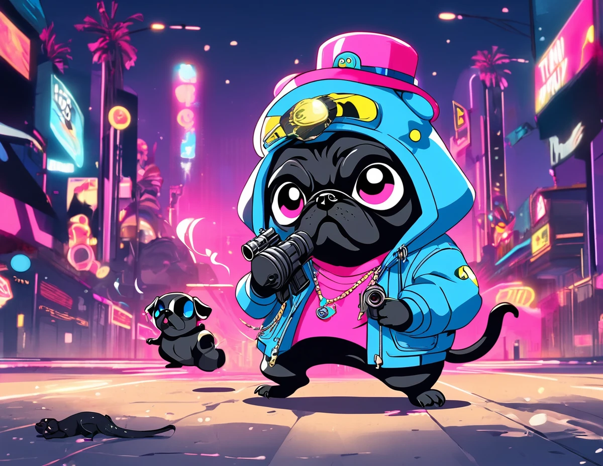 Pug preto, Dois Círculos Olho, pupila de cobra, chapéu rosa, jaqueta techwear azul, Rapper a jogar, segurando metralhadora, Las Vegas 