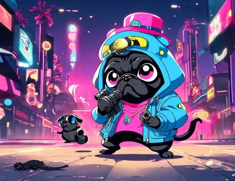 black pug, two circle eye, snake pupil, pink top hat, blue techwear jacket, playing rapper, holding machinegun, las vegas