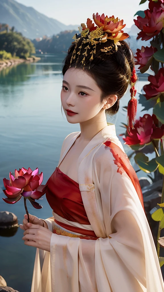 zanhua, Best quality, Masterpiece, 1 girl,Upper body, holding flower, Red flowers on the head, Wearing Hanfu, of red and white colors,  view the viewer,   Bird, flower, Black hair, ((Lotus)), Solo, hair adornments, water, Reflection, Daylight,  Cinematic light,