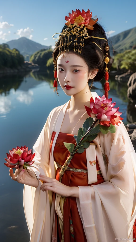 zanhua, Best quality, Masterpiece, 1 girl,Upper body, holding flower, Red flowers on the head, Wearing Hanfu, of red and white colors,  view the viewer,   Bird, flower, Black hair, ((Lotus)), Solo, hair adornments, water, Reflection, Daylight,  Cinematic light,