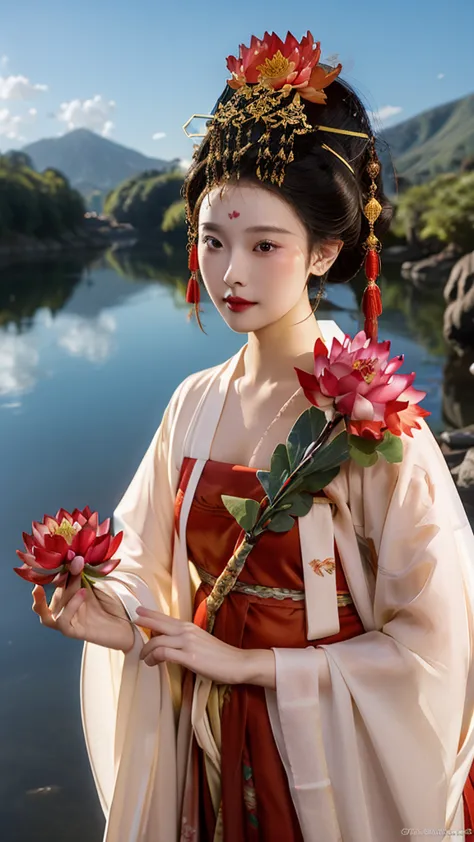zanhua, Best quality, Masterpiece, 1 girl,Upper body, holding flower, Red flowers on the head, Wearing Hanfu, of red and white c...