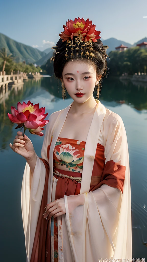 zanhua, Best quality, Masterpiece, 1 girl,Upper body, holding flower, Red flowers on the head, Wearing Hanfu, of red and white colors,  view the viewer,   Bird, flower, Black hair, ((Lotus)), Solo, hair adornments, water, Reflection, Daylight,  Cinematic light,