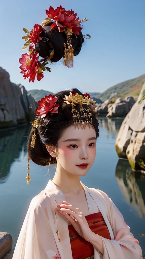 zanhua, Best quality, Masterpiece, 1 girl,Upper body, holding flower, Red flowers on the head, Wearing Hanfu, of red and white colors,  view the viewer,   Bird, flower, Black hair, ((Lotus)), Solo, hair adornments, water, Reflection, Daylight,  Cinematic light,