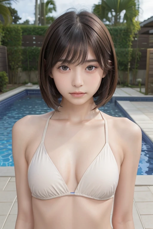 Highest quality, RAW Photos, Realistic, face, Incredibly beautiful girl, cute, length Hair,ponytail，Written boundary depth, High resolution, 超detailed, detailed, Very detaileded, extremely detaileded eye and face, Sharp pupils, Realistic students, Sharp focus, Cinema Lighting, Japanese, Short Woman,  Physical build, Short arms, length, Narrow eyes, Fleeting atmosphere, 12 years old, Brown bob hair, ((thin唇)), White top and bottom underwear, masterpiece, Highest quality, detailedな肌, detailedなface, fine grain, 8k, Excellent anatomy, Upper body portrait，flat breasts, small breasts, small,( small bust: 1.2), small bust, (slim, small, flat, small), thin, Delicate and sexy collarbone, One Girl, (beautiful girl, Delicate girl:1.3), (12 years old:1.3),
break, (ワンピースSwimwear, Swimwear:1.2),
break, (Pool:1.3),
break, Very beautiful eyes, (Symmetrical eyes:1.3),
break, small胸, Brown eyes, Parted bangs, Brown Hair, (Upper teeth, 最高の笑face:0.2),
break, (目とfaceの細部まで:1.0),
break, (masterpiece, Highest quality, 超detailed, detailedなface, 8k)