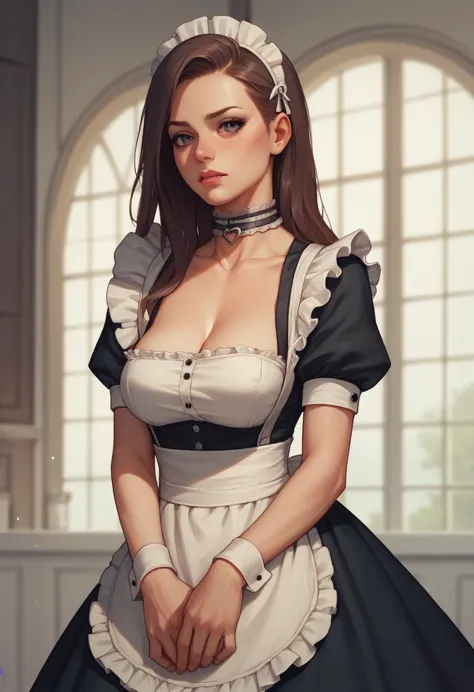 choker, maid&#39;s headdress, nude、huge breasts、staring at a huge penis、surprised、blush、upper body only、erect penis、pregnant wom...