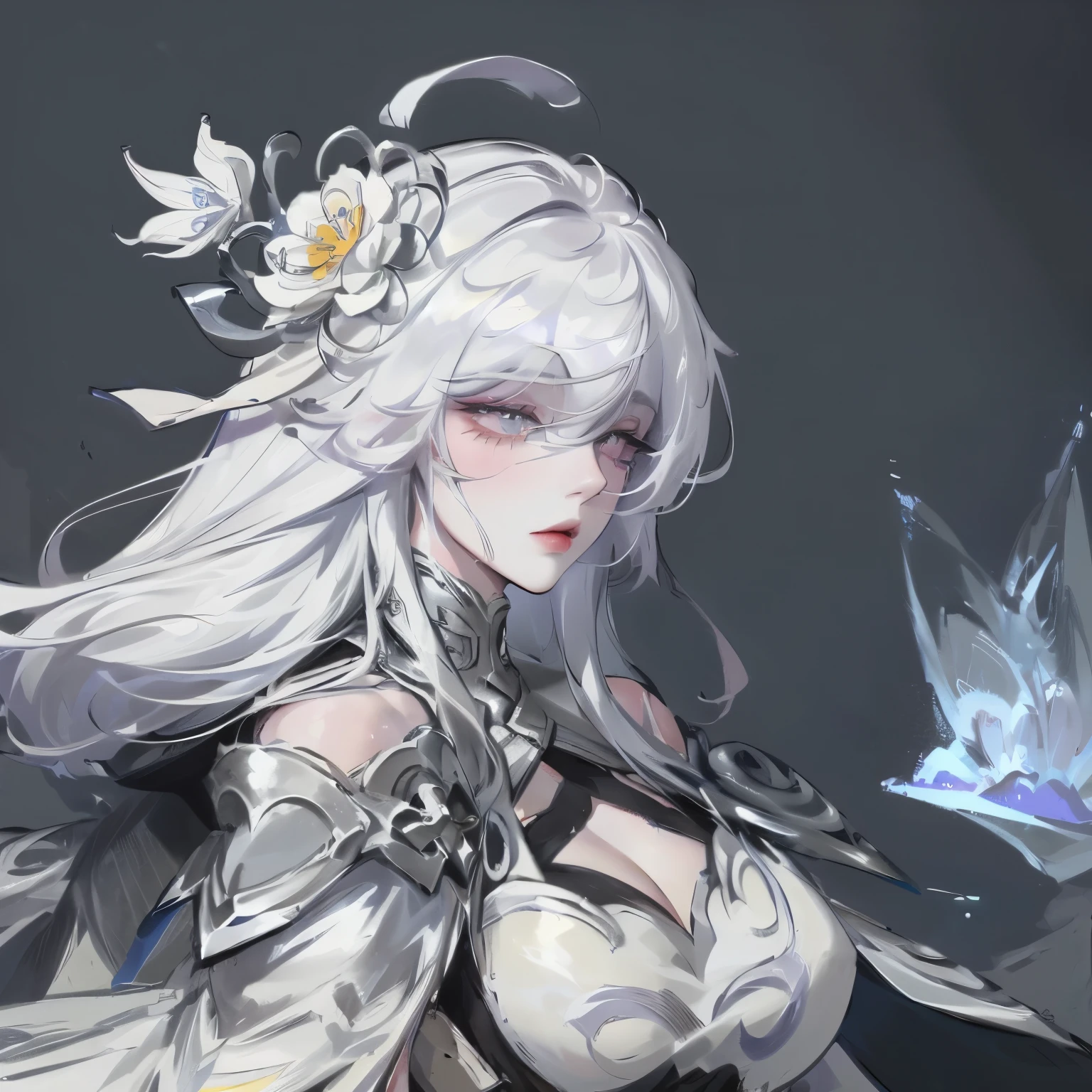 1 Girl,Solitary,1 Girl,Solitary,((Beautiful and delicate eyes)), (Detailed lighting),Depth of Field,(White hair),Silver Eyes,Hair covering one eye,(safflower ), Flowering,Long hair,Black cape,wet,callous,look back,night,Starfall,rain,FOG,safflowers falling,sketch,Upper Body,Strong shadows,