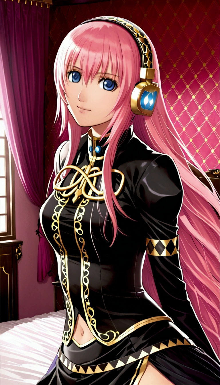 Detailed and beautiful depiction 1.3,Official Art,Beautiful adult woman ,Megurine Luka in official costume,Pink long hair,blue eyes,Black and gold costume,headphone,smile,Bedroom