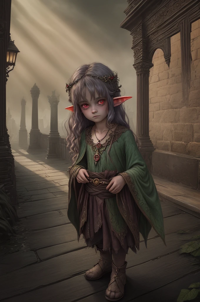 (Realisttic:1.2), analog photo style, (cute goblin woman looking like elf, intensed red eyes, surrounded by a gloomy antique setting), (her full body s a visual pleasure), faint smile, soft shading expresses beautiful skin texture, silk material, Graceful curve, necklace, rich and lustrous hair, three dimensional effect, gloomy dark atmosphere, play of light in the sun rays, a delicate balance between beauty and darkness, faded colours, great quality, Masterpiece, intricate fantasy background, naturally cinematic light, 16k quality, HDR, RAW photo