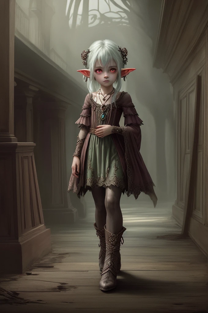 (Realisttic:1.2), analog photo style, (cute goblin woman looking like elf, intensed red eyes, surrounded by a gloomy antique setting), (her full body s a visual pleasure), faint smile, soft shading expresses beautiful skin texture, silk material, Graceful curve, necklace, rich and lustrous hair, three dimensional effect, gloomy dark atmosphere, play of light in the sun rays, a delicate balance between beauty and darkness, faded colours, great quality, Masterpiece, intricate fantasy background, naturally cinematic light, 16k quality, HDR, RAW photo