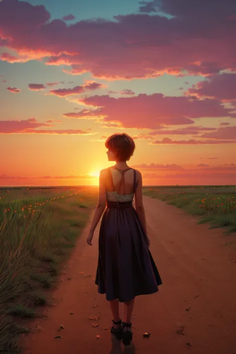 A girl, with short hair and dressed in a , looking towards a sunset