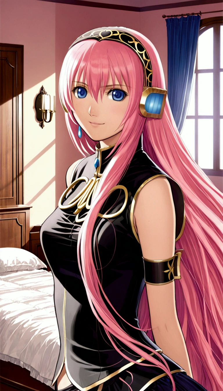 Detailed and beautiful depiction 1.1,Official Art,Beautiful adult woman ,Megurine Luka in official costume,Pink long hair,blue eyes,smile,Bedroom